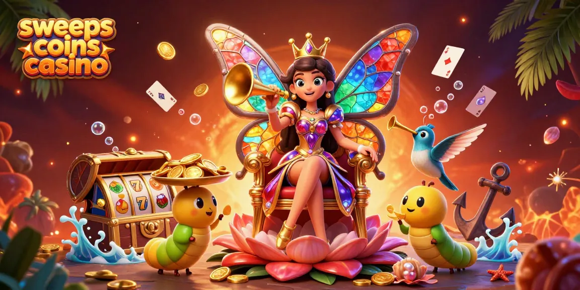 Experience the excitement of sweeps coins casino with a vibrant 3D illustration featuring a butterfly queen and treasures.