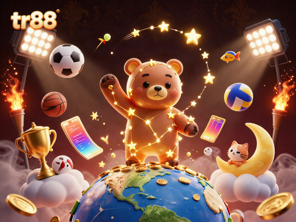 Celebrate winnings at tr88 with a vibrant scene of a constellation bear, sports elements, and golden coins.