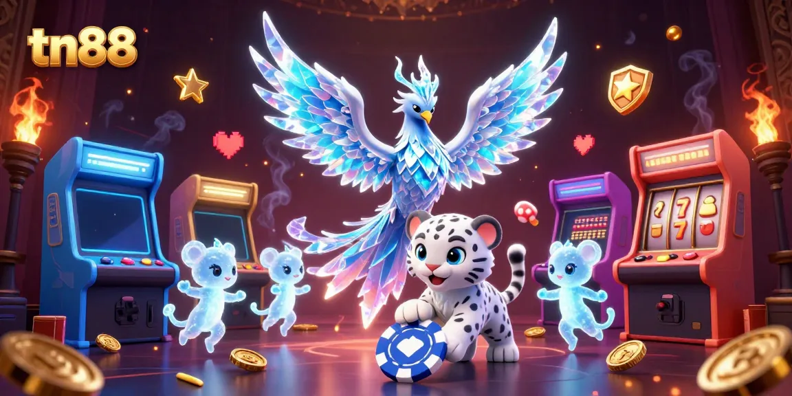 Engage with tn88's vibrant casino atmosphere, featuring an ice phoenix and playful snow leopard cub.