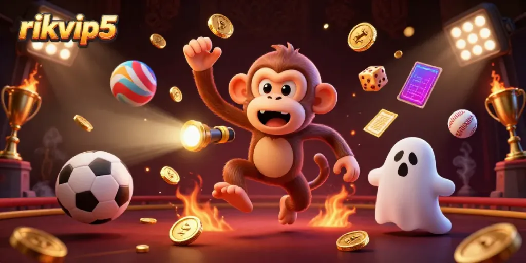 Experience the thrill of rikvip5 as a poltergeist monkey juggles golden casino treasures while a puppy hunts for ghosts.