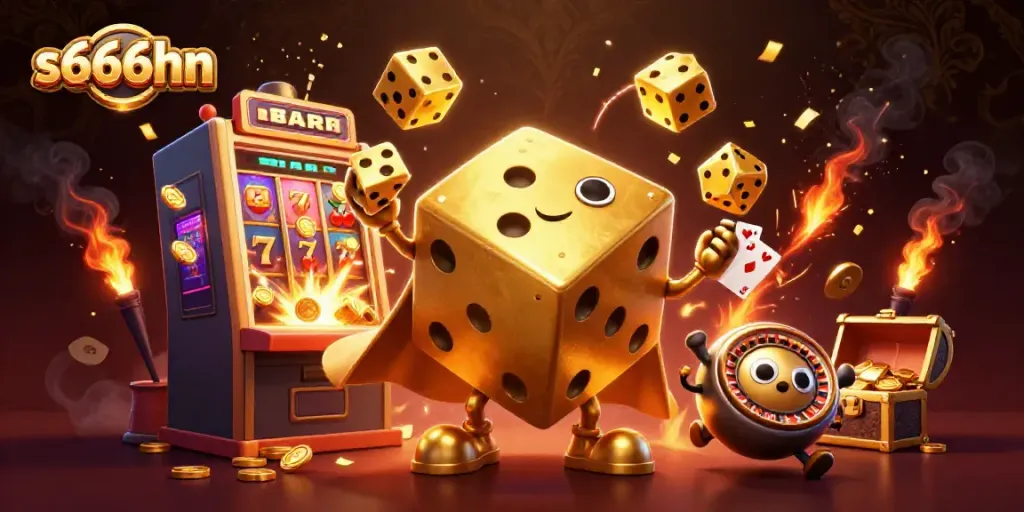 Engage in thrilling casino games with s666hn's vibrant casino illustration of golden dice and jackpots.