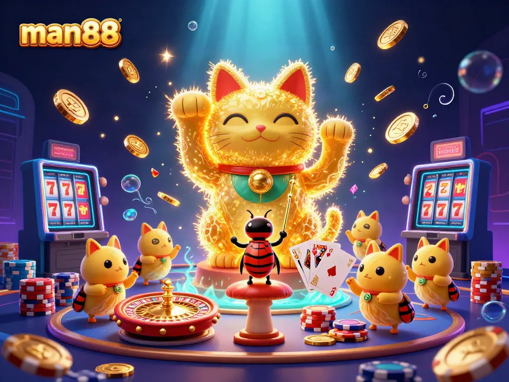 Experience luck with man88's vibrant casino scene featuring a giant lucky cat and shimmering coins.
