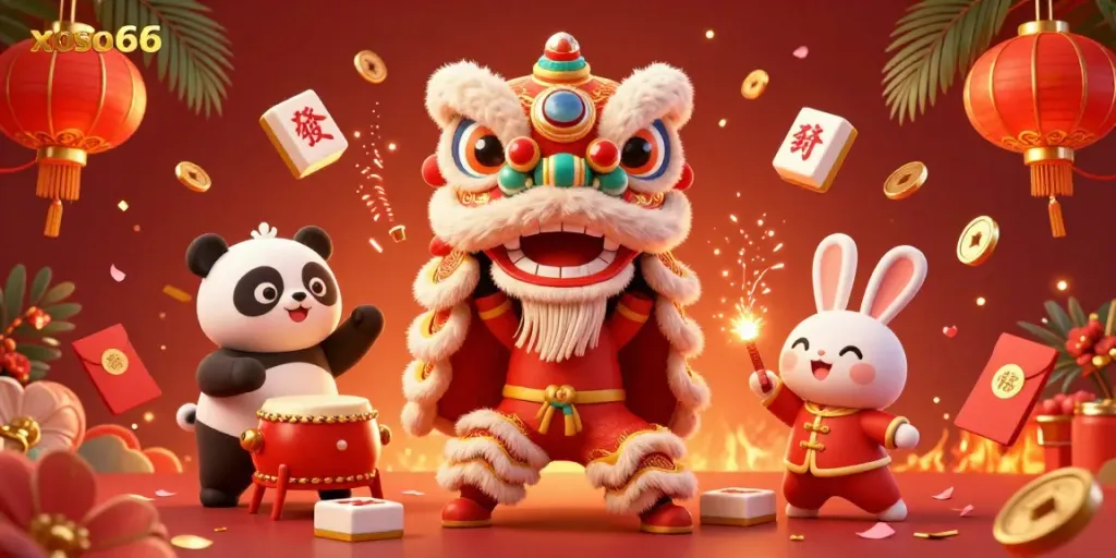 Engage in exciting xoso66 online gaming with a festive Chinese New Year lion dance scene enriched with vibrant decorations and casino elements.
