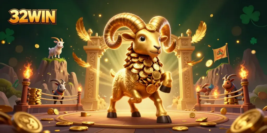 Experience the excitement of 32WIN's dynamic gaming scene filled with rich elements and golden visuals.