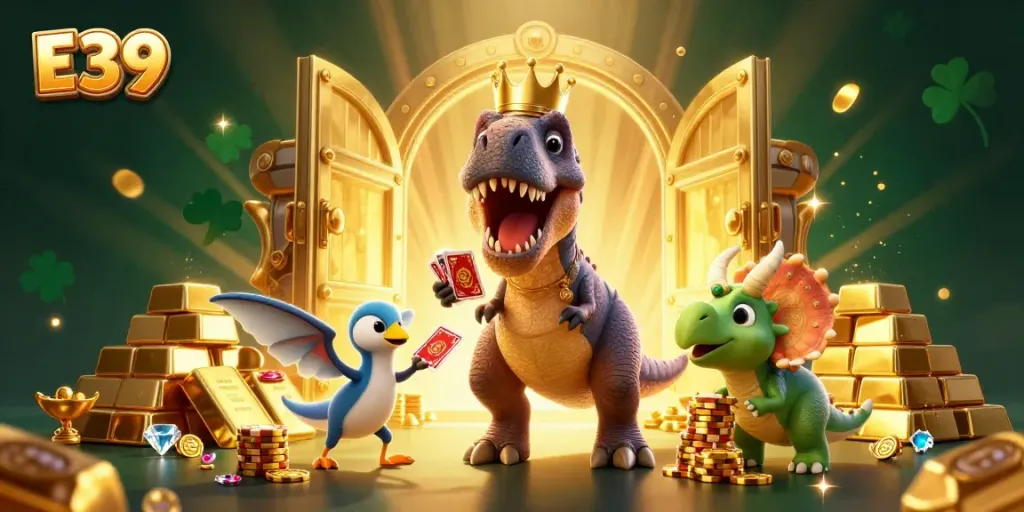 E39 showcases a vibrant casino adventure where cartoon dinosaurs engage in card games and chip stacking, filled with treasures.