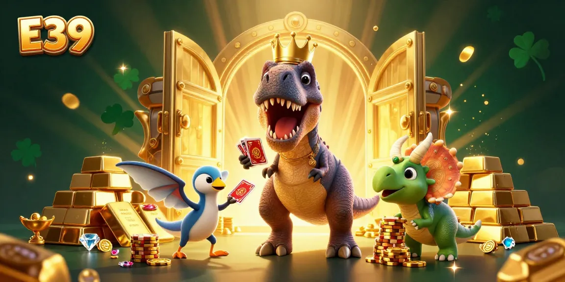 E39 showcases a vibrant casino adventure where cartoon dinosaurs engage in card games and chip stacking, filled with treasures.
