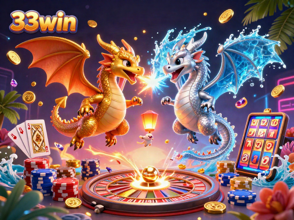Engage with 33win's captivating scene featuring golden and silver dragons intertwined amidst a dynamic casino illustration.