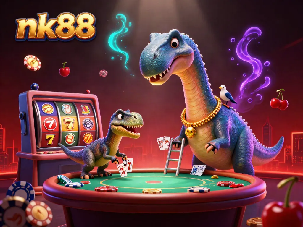 Experience unmatched nk88 excitement with a towering brontosaurus at a vibrant casino scene.