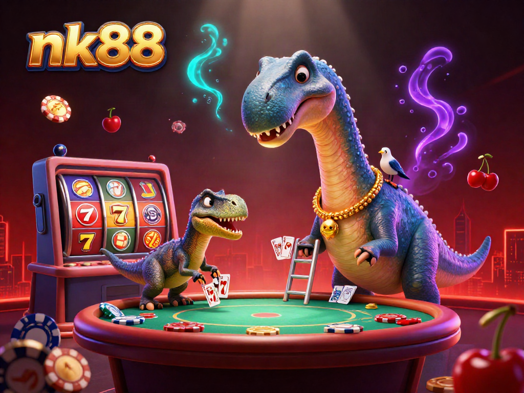 Experience unmatched nk88 excitement with a towering brontosaurus at a vibrant casino scene.