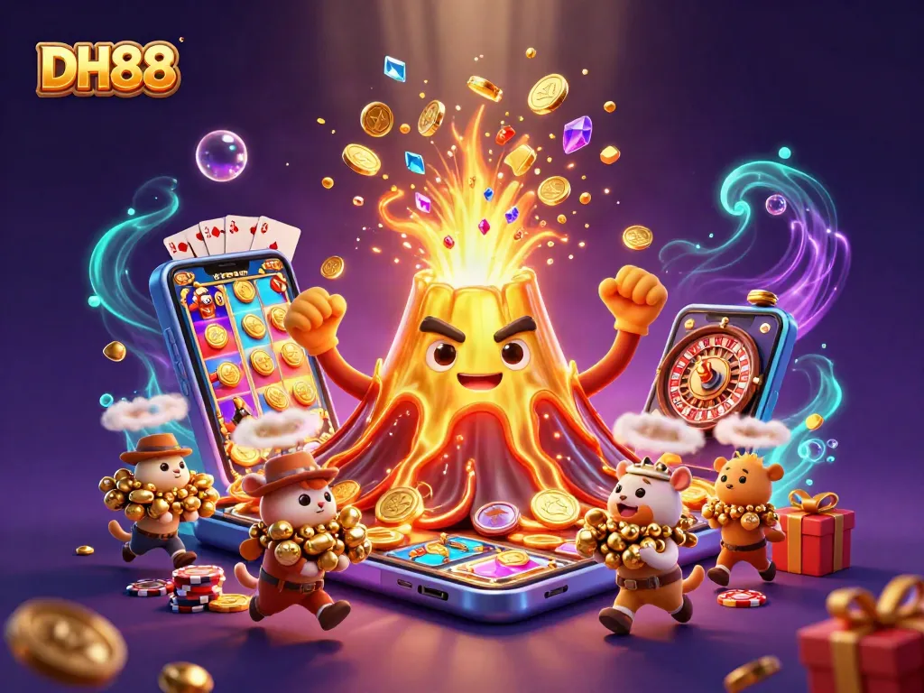 Engage with DH88 as the golden volcano erupts treasure in a lively casino scene