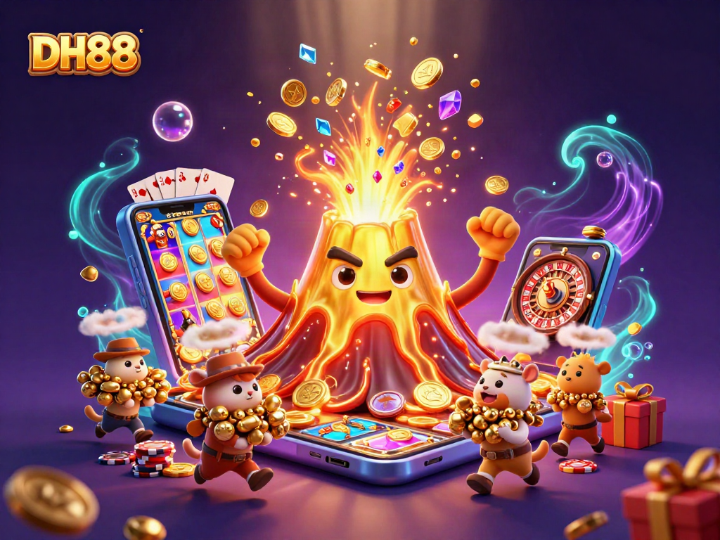 Engage with DH88 as the golden volcano erupts treasure in a lively casino scene