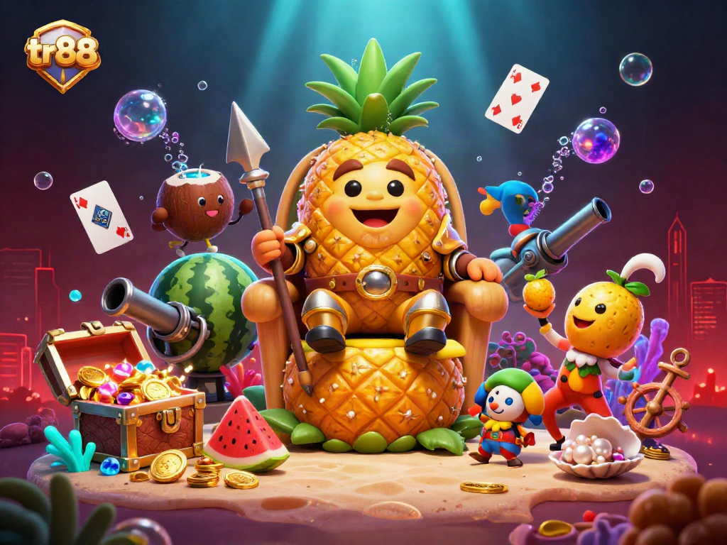 Experience tr88 excitement with 3D pineapple king at a vibrant casino beach scene.