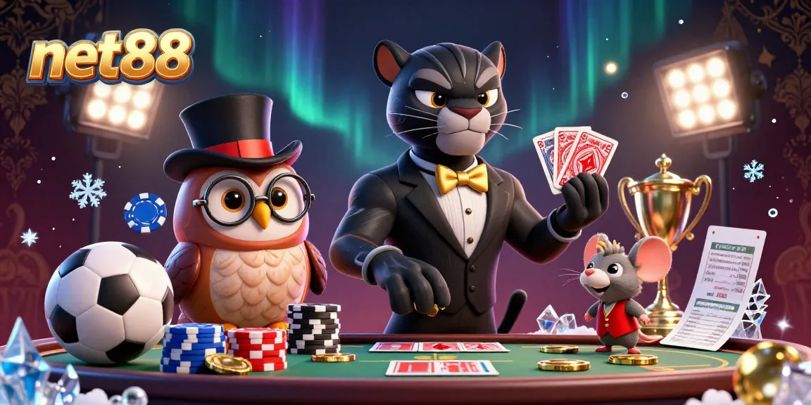 Engage in thrilling sports betting with net88's vibrant illustration featuring dynamic characters and betting elements