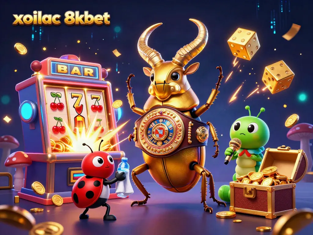 Xoilac 8xbet showcases an exciting online casino scene with vibrant characters amidst dynamic game elements.