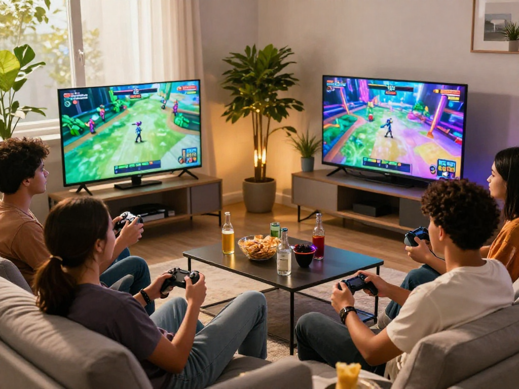 Group enjoying online porn games in a cozy living room setting with animated game displays.
