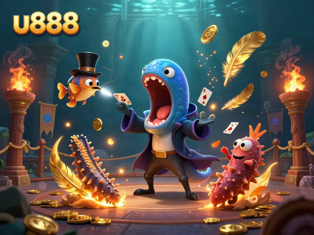 Experience thrilling card tricks and underwater magic with u888 in this vibrant casino illustration.