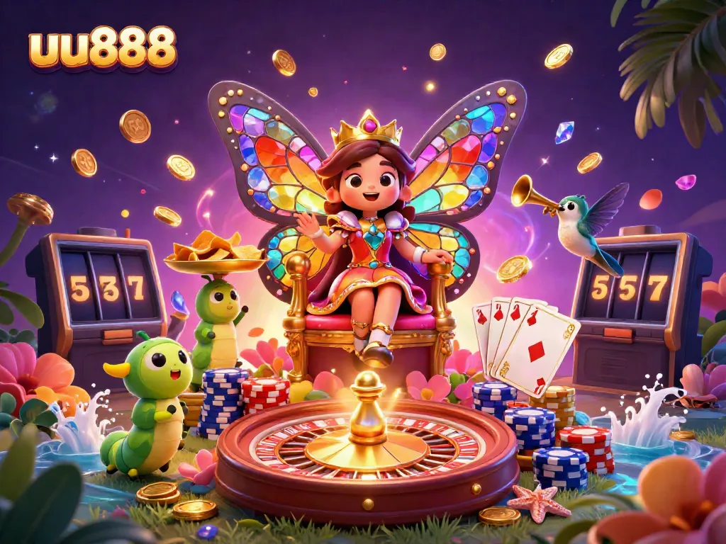 uu888 casino illustration featuring a vibrant butterfly queen surrounded by casino elements and sparkling treasures.