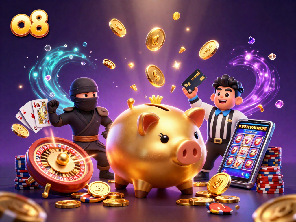 Win big with o8 at this vibrant casino scene featuring classic games and dynamic characters.