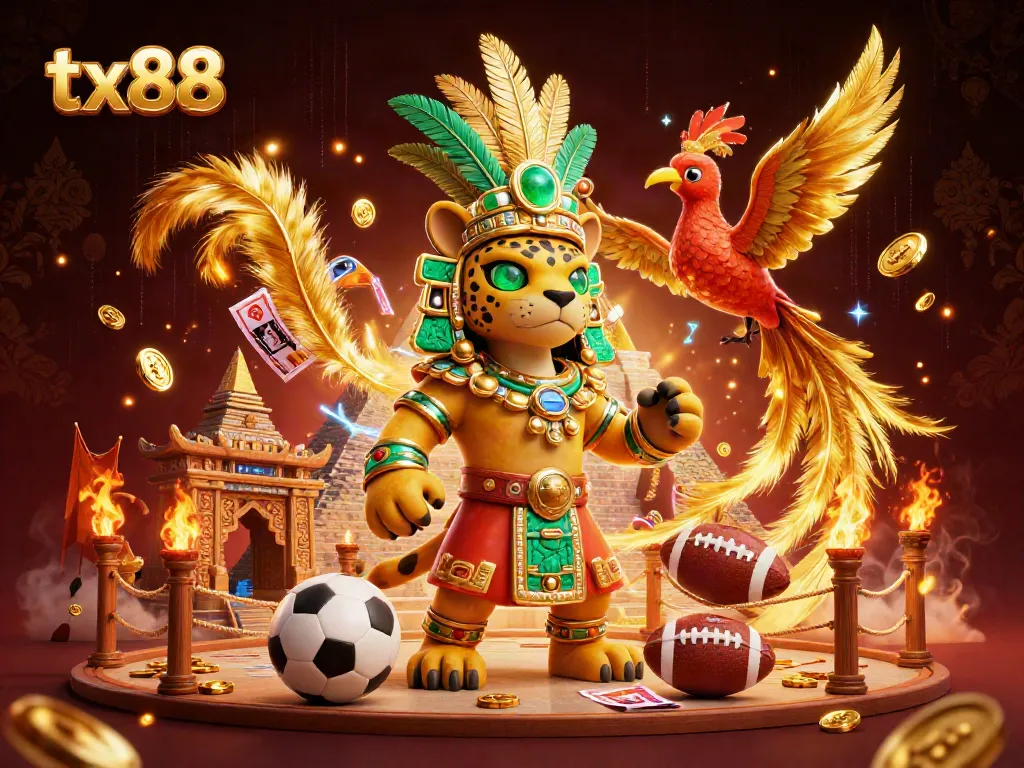 Experience thrilling sports betting action with TX88 featuring a Mayan jaguar priest and stunning elements.