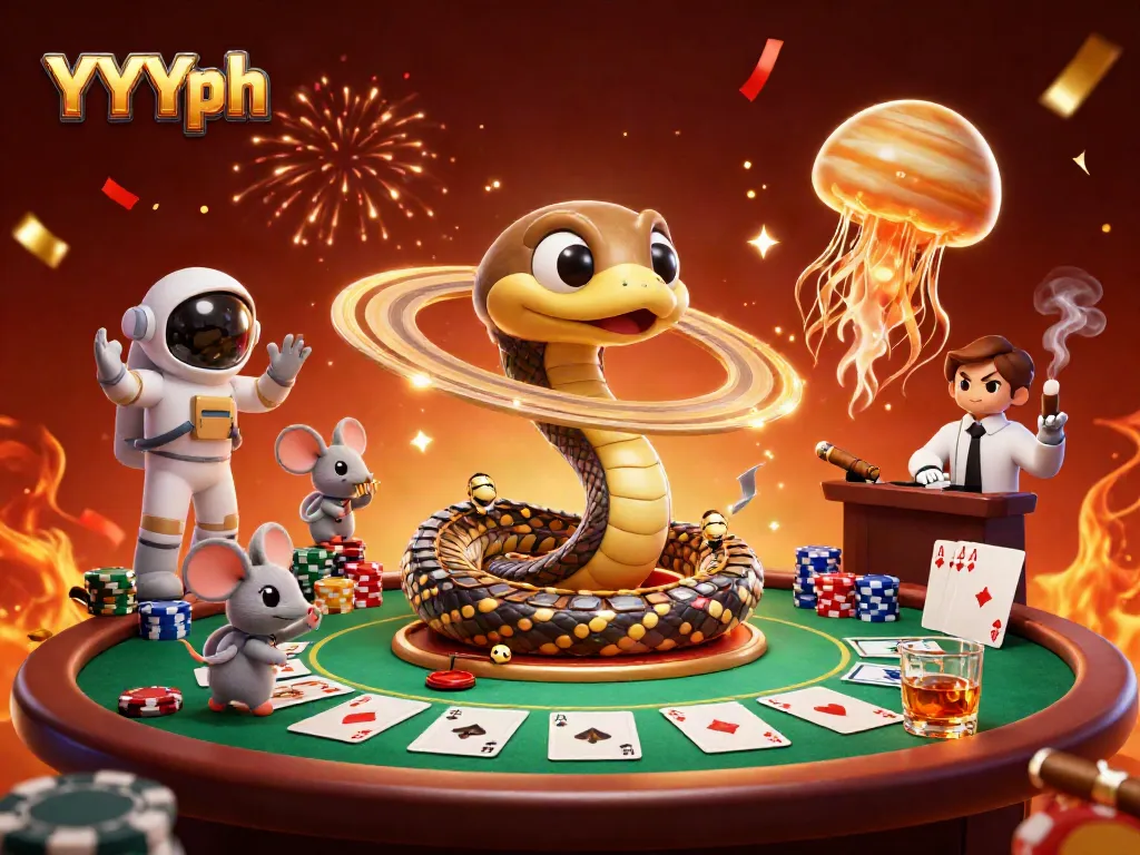 Experience the excitement of YYYph with a vibrant casino scene featuring a cosmic roulette wheel and animated characters.