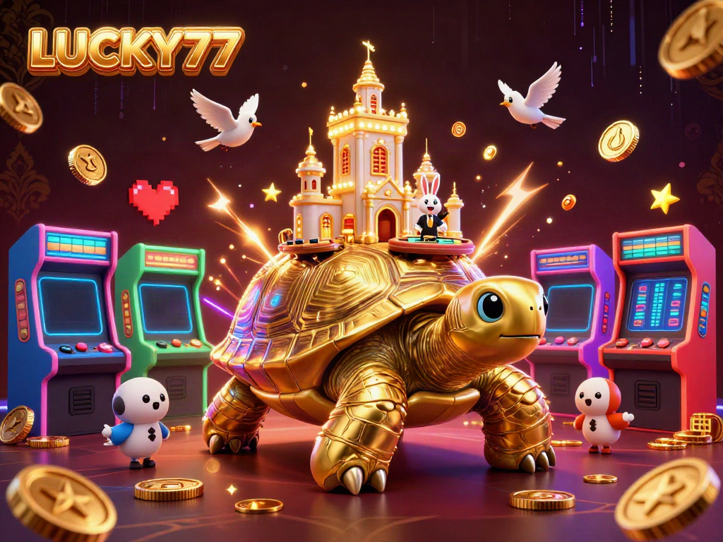 Experience the thrill of LUCKY77 at a vibrant casino scene with a tortoise and rabbit dealer.