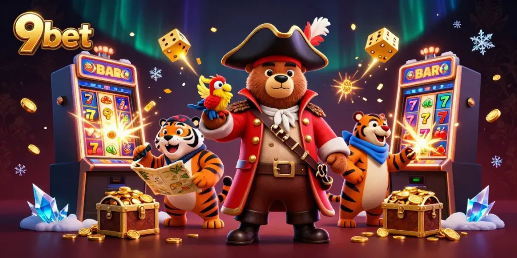 9bet live casino illustration showcasing a joyful pirate bear and tiger with a jackpot slot machine explosion.