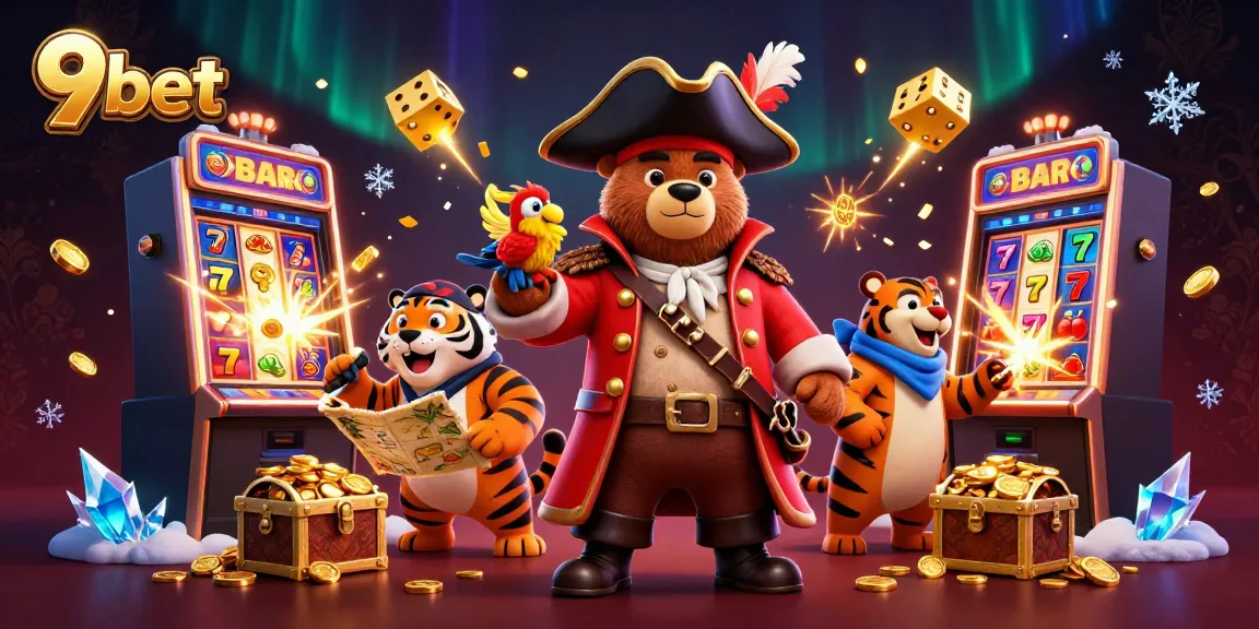 9bet live casino illustration showcasing a joyful pirate bear and tiger with a jackpot slot machine explosion.
