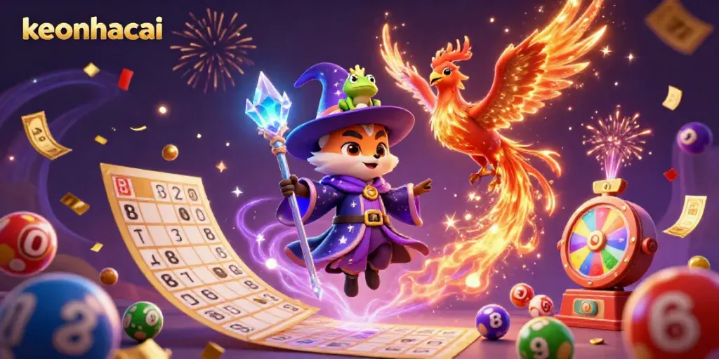 Watch the enchanting wizard fox and phoenix illuminate the keonhacai betting scene with colorful lottery elements.