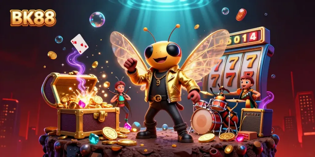Experience the vibrant BK88 casino scene filled with colorful treasures and characters in action.