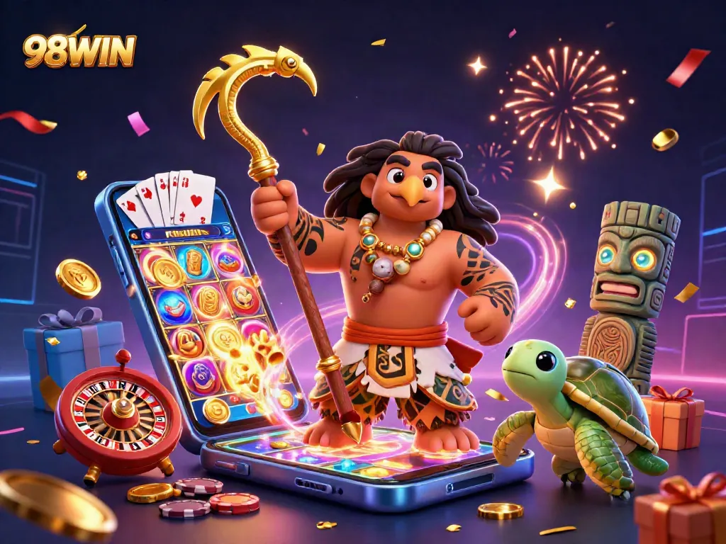 Engage in thrilling games with 98WIN's vibrant 3D illustration showcasing dynamic elements from the casino world.