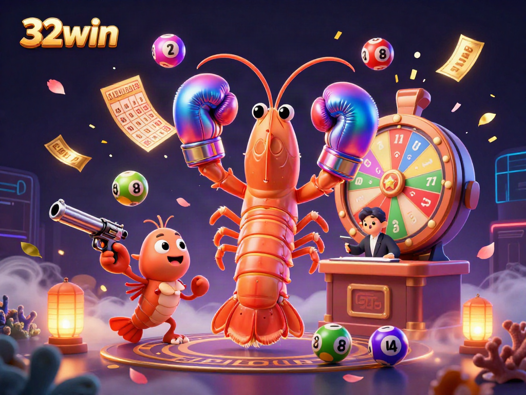 Win big at 32win with a lively lottery scene showcasing vibrant casino elements.