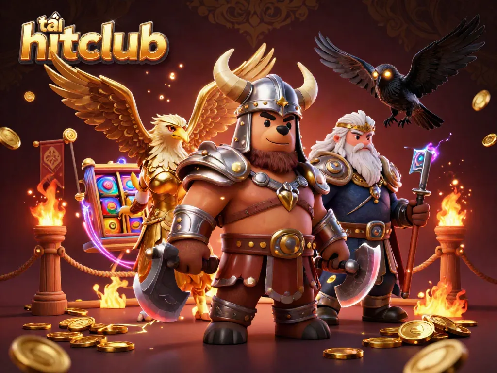 Spin the reels and tải hitclub, with a dynamic Viking and Valkyrie surrounded by immersive gaming elements.