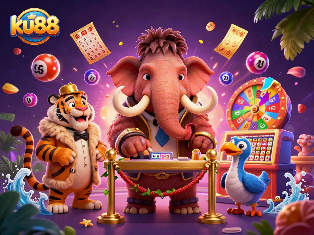 ku88 casino scene with dynamic characters, colorful lottery elements, and a rich background.