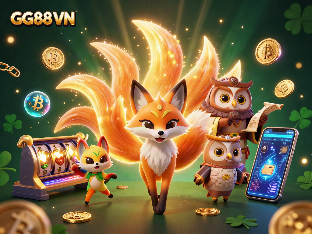 Engage with GG88 VN through vibrant slot games, illuminated by a Fox spirit and glowing elements.