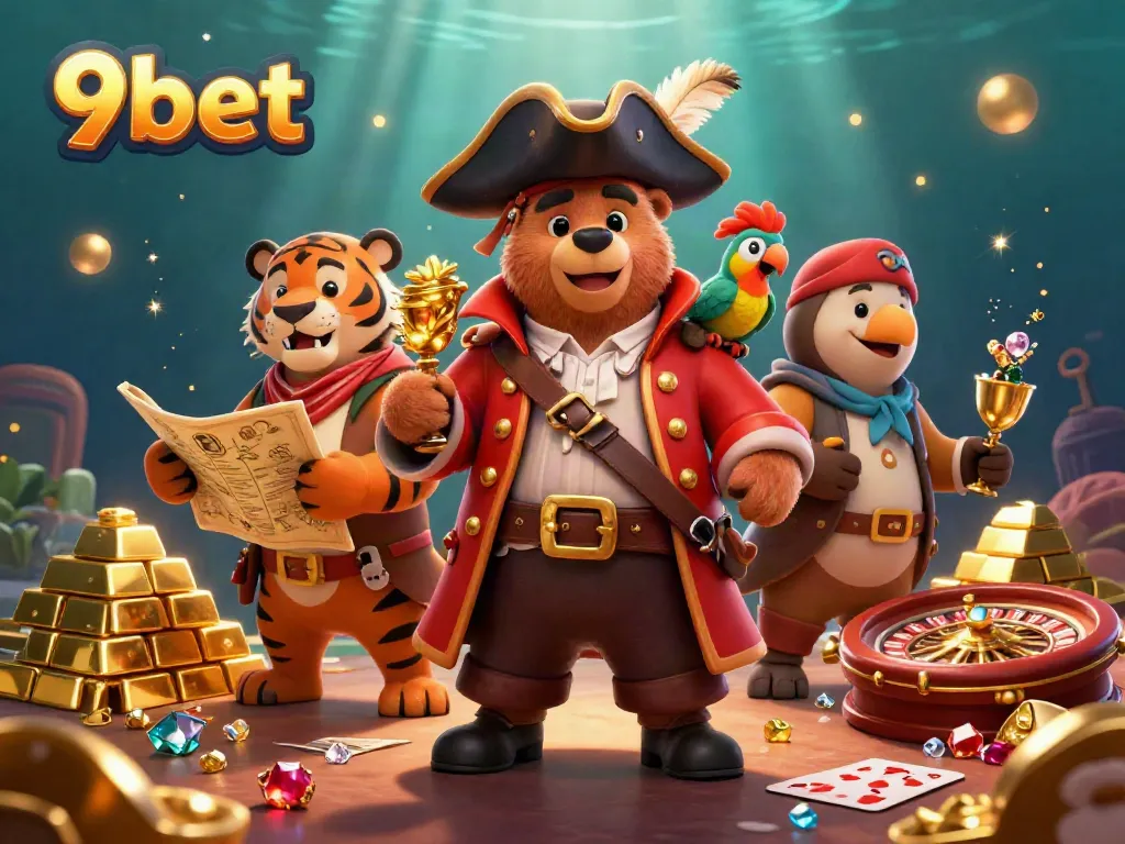 Join the adventure with 9bet's charming characters amidst treasures in a rich casino atmosphere.