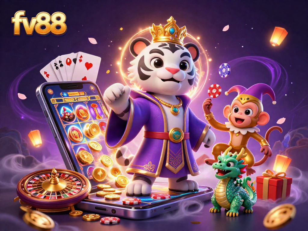 Engage with the thrilling world of fv88 slots as the tiger, monkey, and dragon animate colorful game elements.