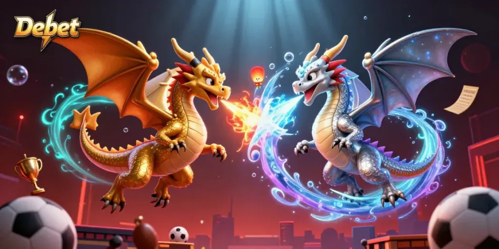 Engage in thrilling sports betting adventures with Debet featuring dynamic dragons and vibrant game elements.