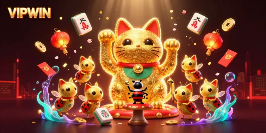 Engage in exciting casino fun with VIPWIN's glowing lucky cat surrounded by vibrant symbols.