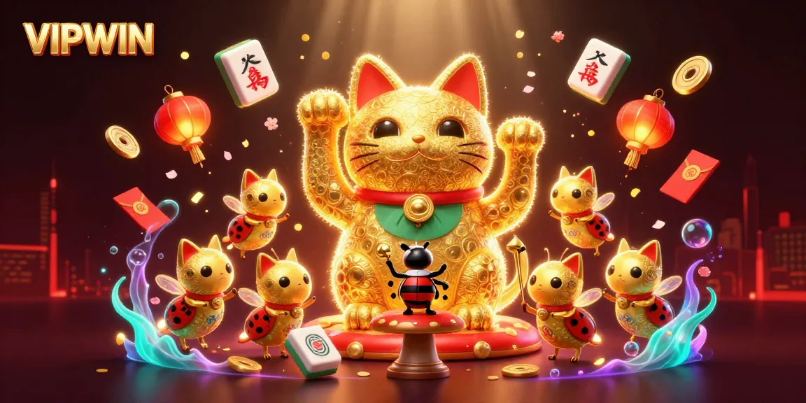 Engage in exciting casino fun with VIPWIN's glowing lucky cat surrounded by vibrant symbols.
