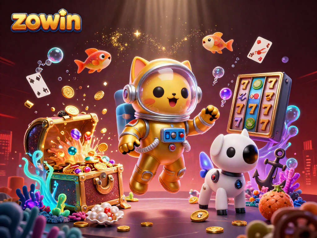 Zowin's vibrant gaming scene showcases an astronaut cat and robot dog surrounded by gold coins and colorful slots.