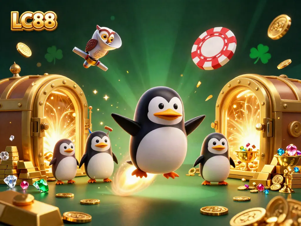 LC88's thrilling casino adventure featuring a golden penguin and treasure in a vibrant scene.