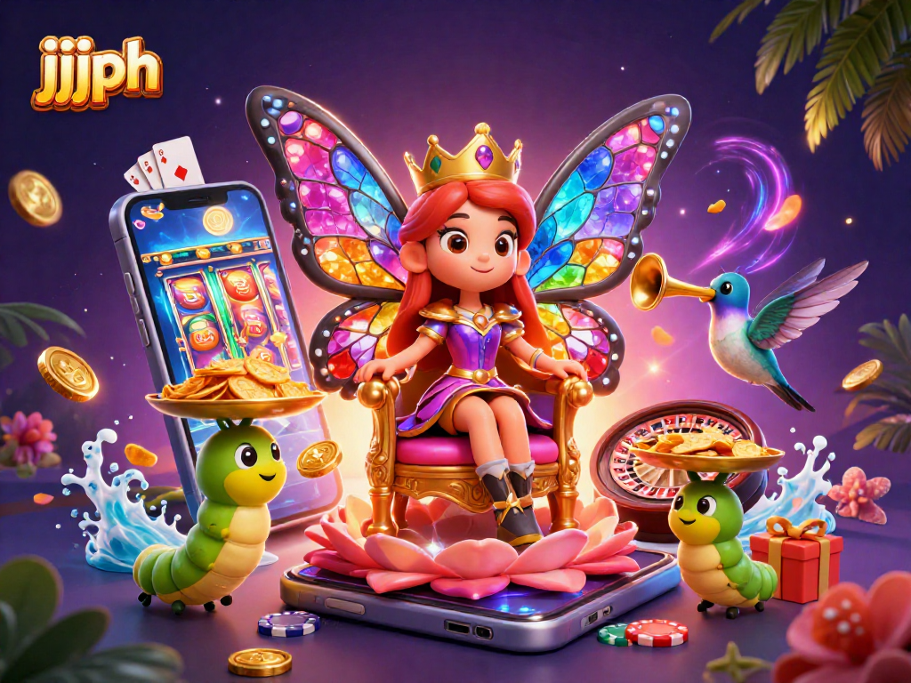 Magandang paglalaro ng jjjph gamit ang 3D ilustrasyon ng reyna ng paru-paro sa casino.