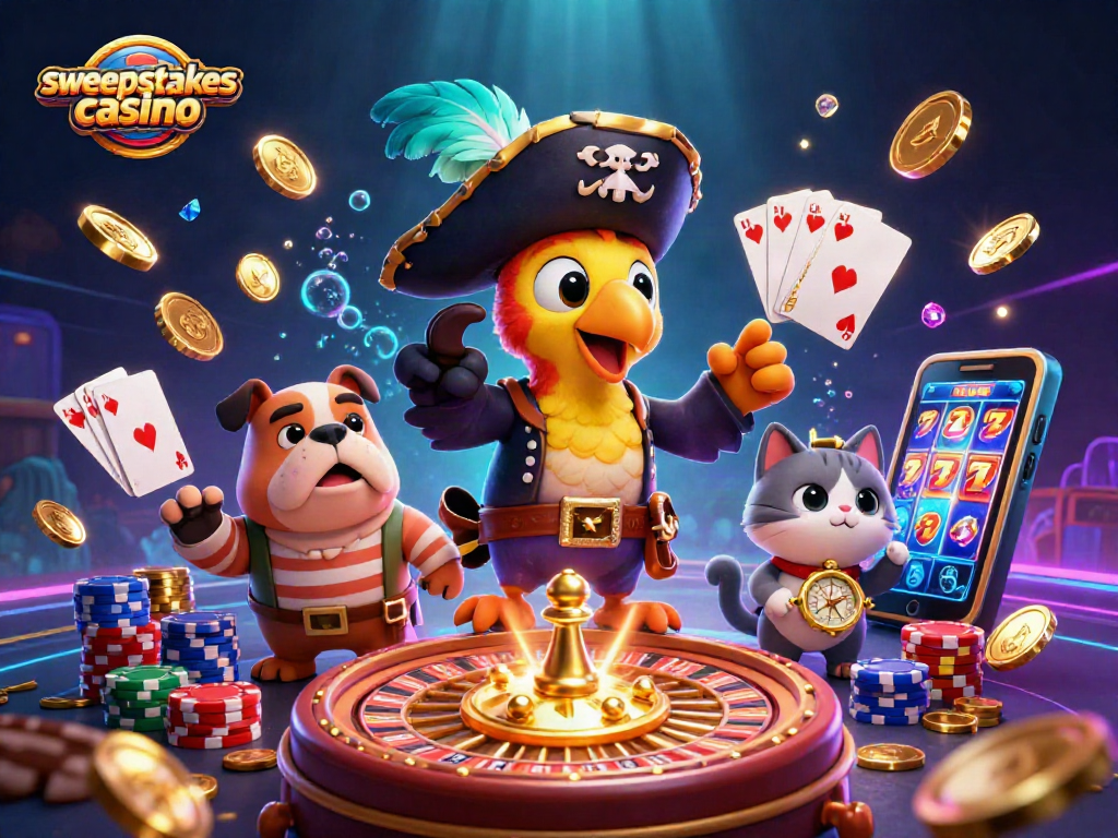 Sweepstakes casino scene with a cartoon pirate captain, first-mate bulldog, and cat navigator amidst vibrant game elements.