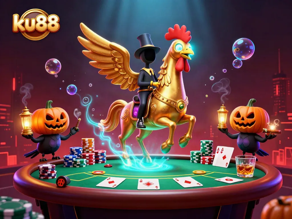 ku88 showcases a golden rooster riding through a vibrant casino scene filled with poker elements
