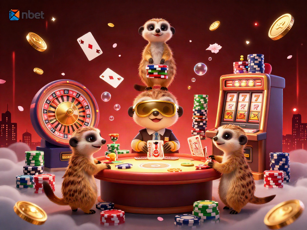 Experience the thrill of nbet casino with meerkats managing games and treasures in an enchanting setting.