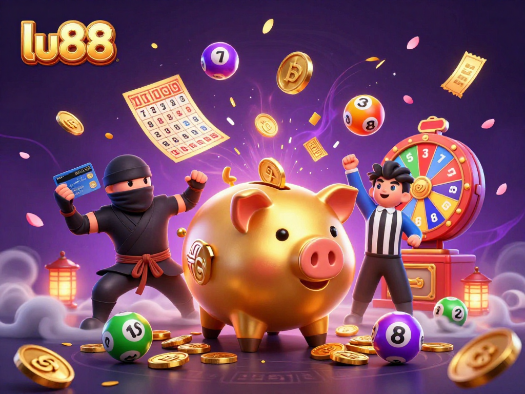 Experience thrilling moments with lu88 through lively gaming elements and vibrant characters in this illustration.