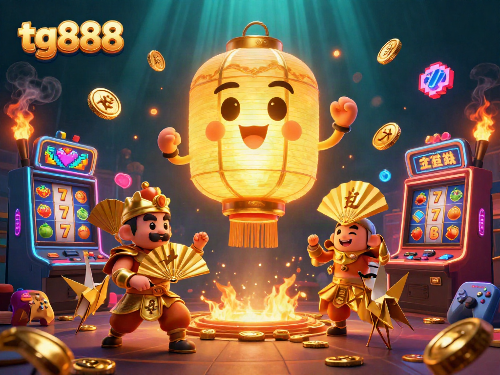 Engage with tg888's thrilling slots featuring a golden lantern spirit in an energetic casino scene.