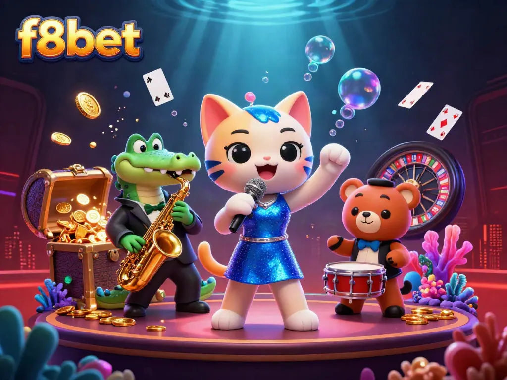 Experience the excitement of f8bet with a vibrant casino scene featuring lively characters and game elements.