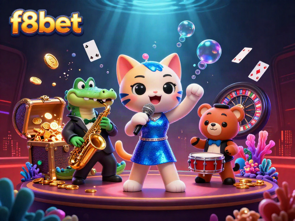 Experience the excitement of f8bet with a vibrant casino scene featuring lively characters and game elements.