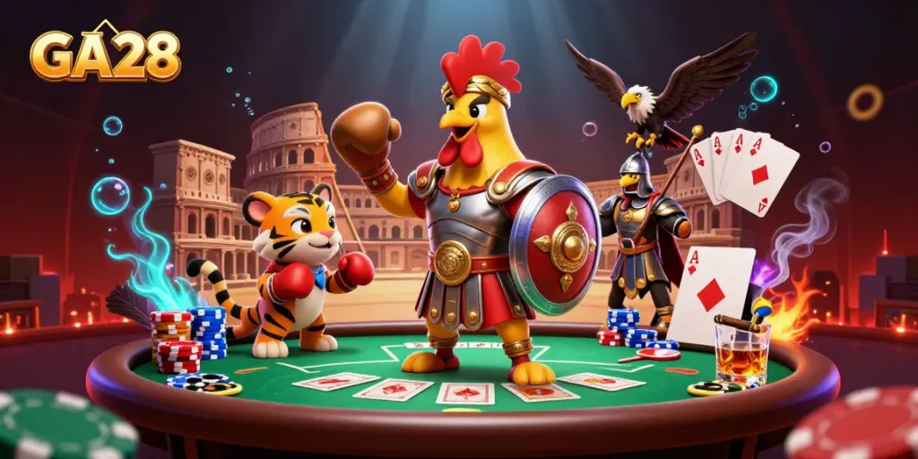 Experience thrilling gameplay with GA28, featuring a gladiator rooster in a dynamic poker scene.